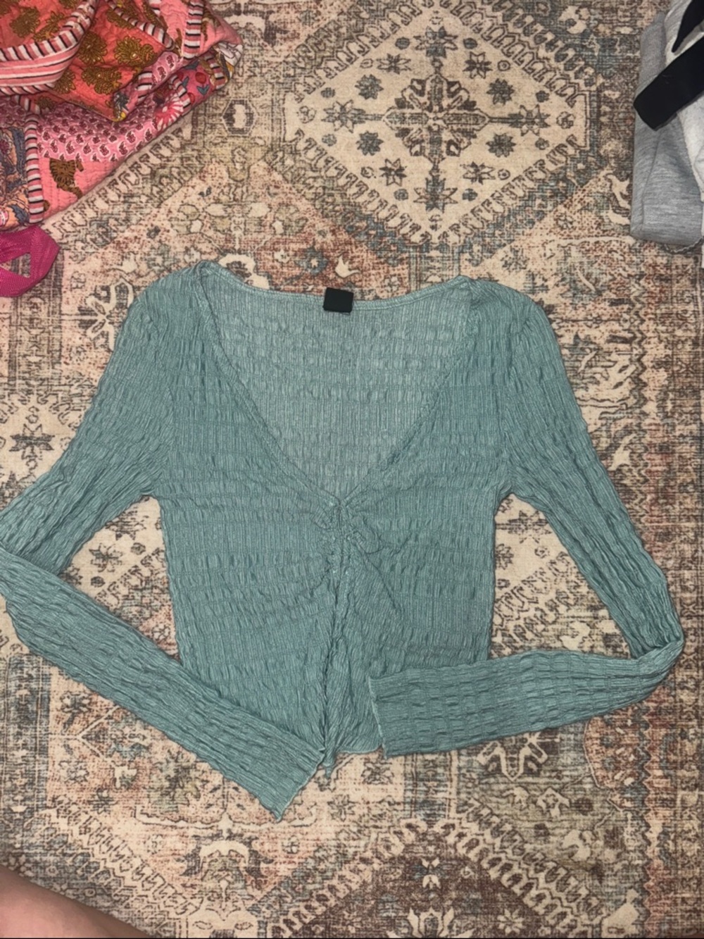 Light Teal Ribbed V-Neck Long Sleeve Top